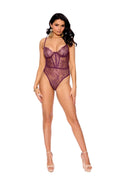 Eyelash Lace Slip On Teddy With Underwire Cups, Adjustable Straps And