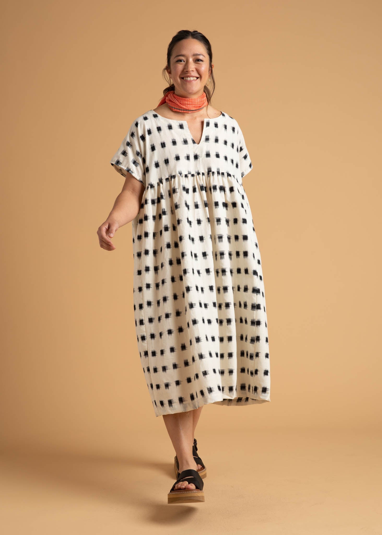 Meadow Dress - Ikat Squares Natural Black