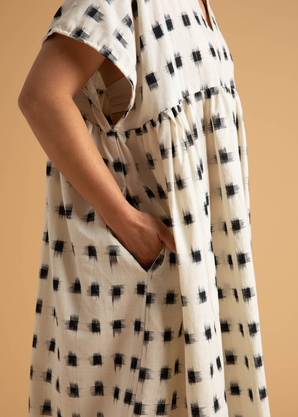 Meadow Dress - Ikat Squares Natural Black