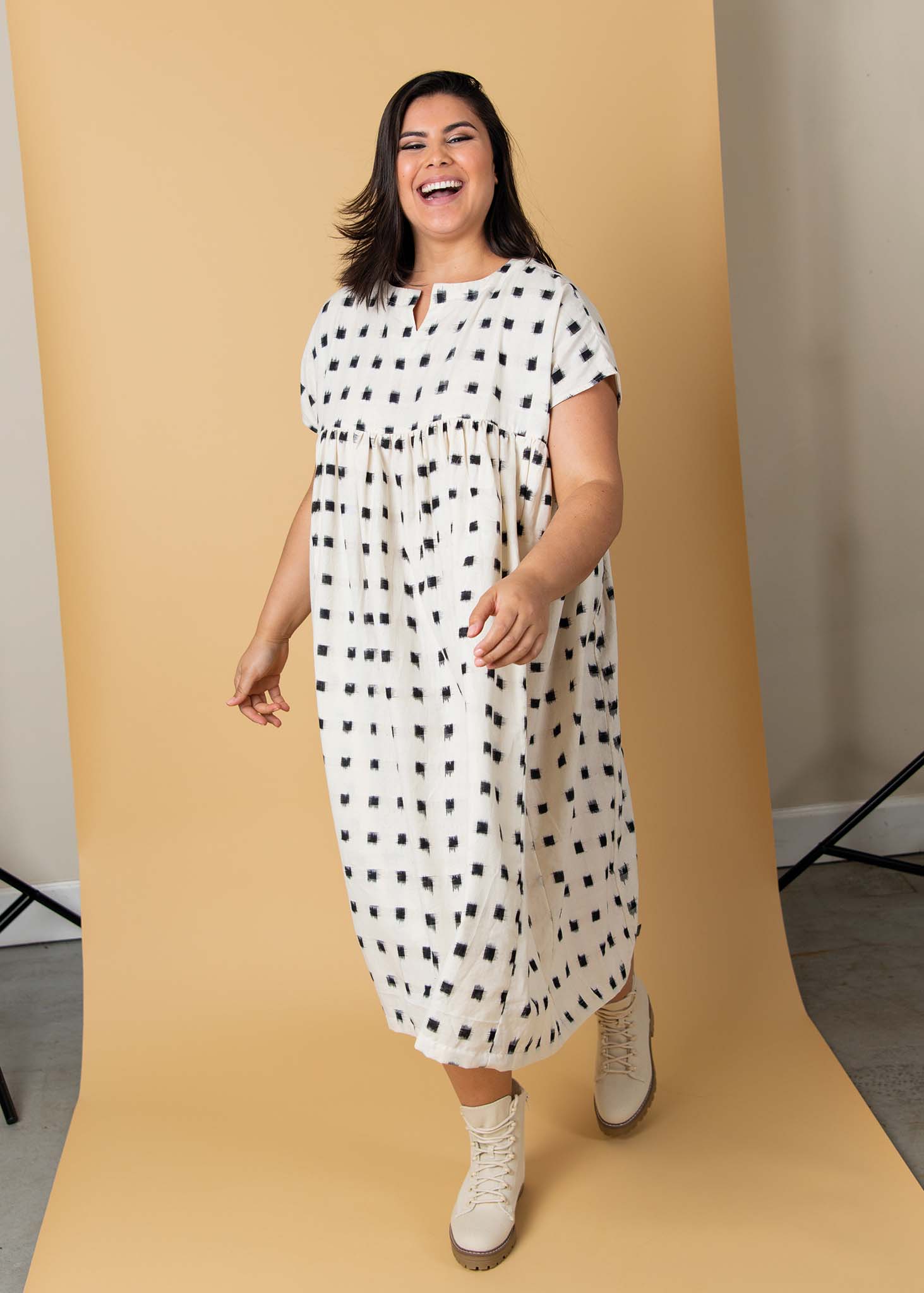 Meadow Dress - Ikat Squares Natural Black