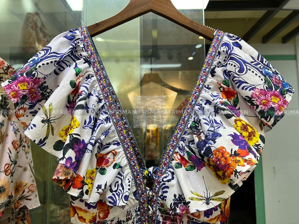 Women V Neck Crystal Beaded Flying Sleeve Retro Flower Print Elastic